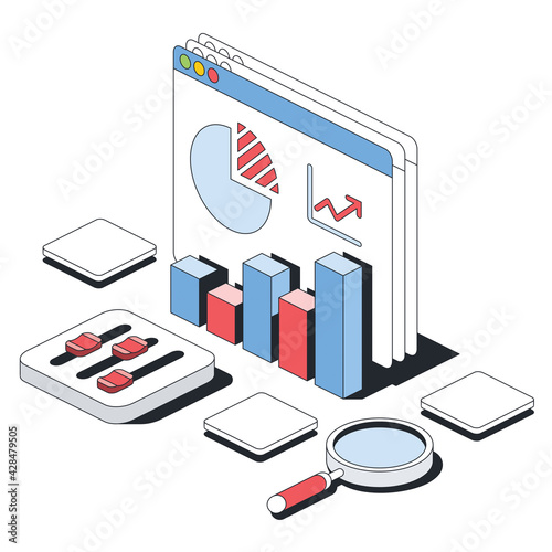Analytics, charts, tables, search magnifier. Vector 3d line isometric, color web icons, new flat style. Creative design idea for infographics.