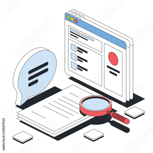 Magnifier search, analytics, documentation, site browser window, bubble chat. Vector 3d line isometric, color web icons, new flat style. Creative design idea for infographics.