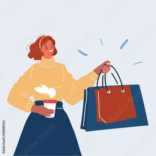 Vector illustration of Woman with shopping bags and coffe in her hands