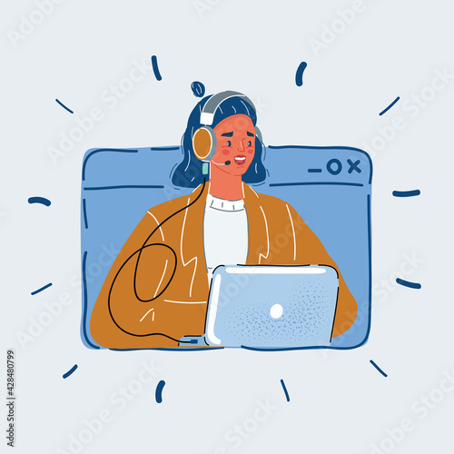 Vector illustration of User support service, woman in head phone and use laptop. Call center in browser windows on white backround.
