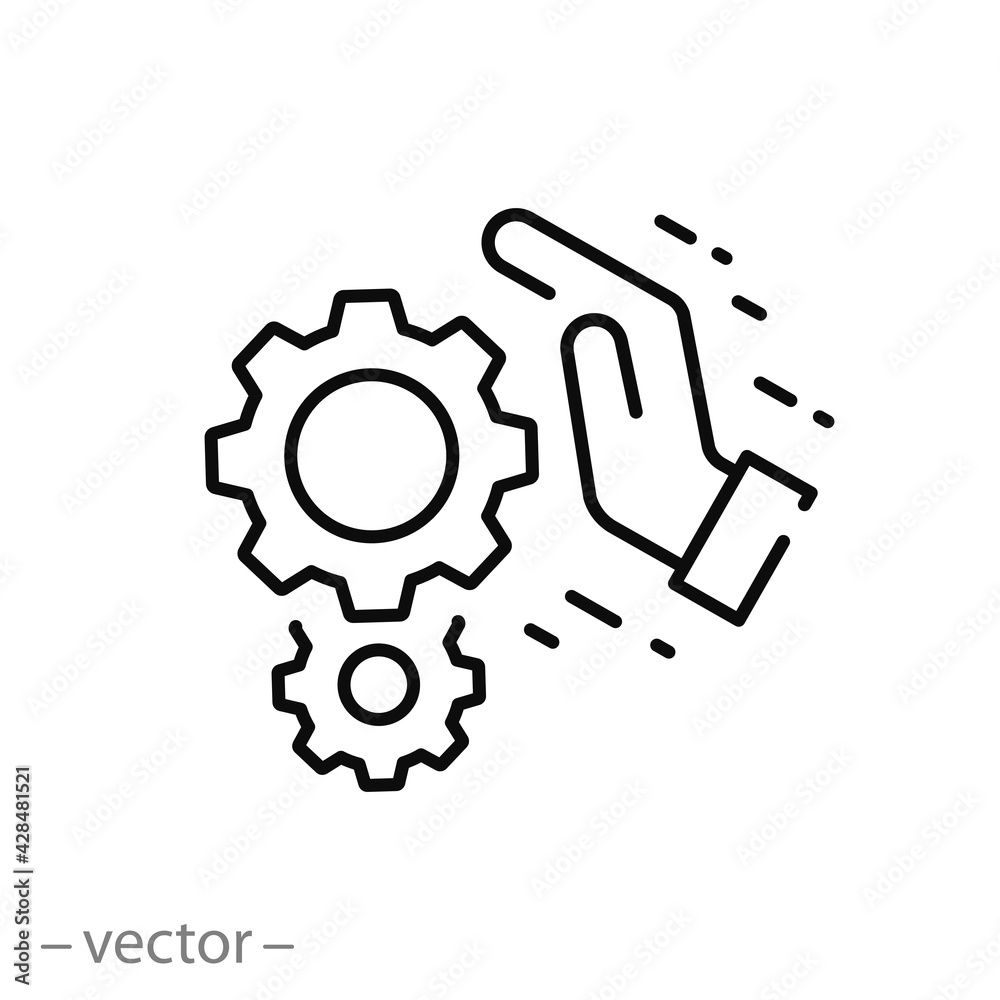 persistence in process icon, gears in hand, effort hard work, effective operation, cog mechanism, business integrate, thin line web sign on white background - editable stroke vector illustration eps10 persistence in process icon, gears in hand, effort hard work, effective operation, cog mechanism, business integrate, thin line web sign on white background - editable stroke vector illustration eps10