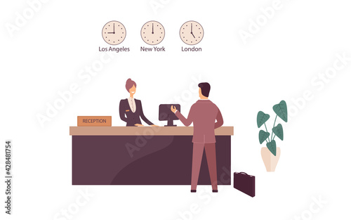 Woman receptionist behind workplace in hotel or bank lobby talking with guest. Interior of modern reception desk in waiting room, hall or corridor in business office on white background.Vector flat
