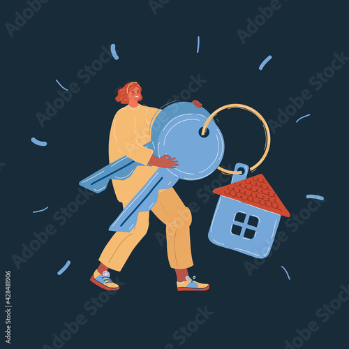 Vector illustration of woman buying or selling a house. Hand holding keys.