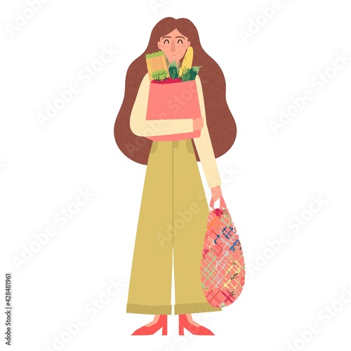 Happy young woman holding groceries in paper bag and string bag isolated on white. Smiling full length caucasian female character with shopping food products . Colorful cartoon vector illustration