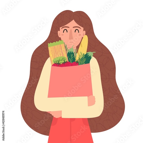 Happy adult female holding paper bag full of groceries vector illustration. Cartoon young woman character portrait with food products isolated on white background. Hand drawn colorful smiling person