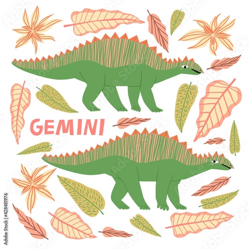 Gemini dinosaur cartoon character vector illustration. Funny animal astrology zodiac sign isolated on white. Cute hand drawn herbivorous reptile twins. Childish t shirt  poster print typography design