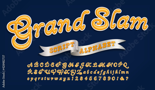 Grand Slam is a baseball or football sportswear style alphabet. This script font has the effect of puff fabric printing or embroidery.