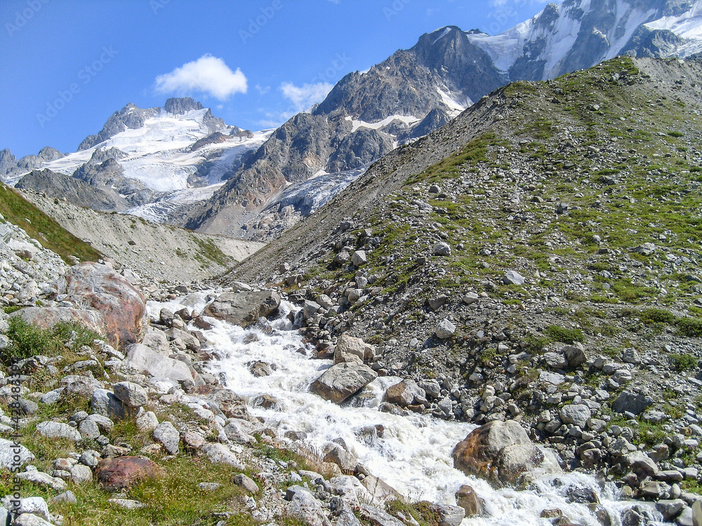 Mountain stream on a summer day, caucasus mountains