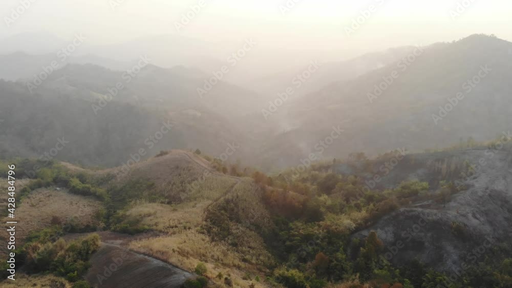 Beautiful yellow mountain landscape with fog and forest. sunrise in mountains, Wildfire in the mountains. Beautiful yellow mountain landscape with fog and forest. sunrise in mountains, Wildfire in the mountains.