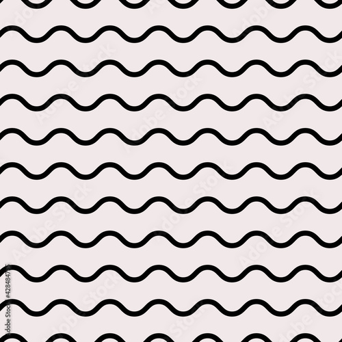 Zigzag black waves. Vector and white background. Seamless and same wavy lines.