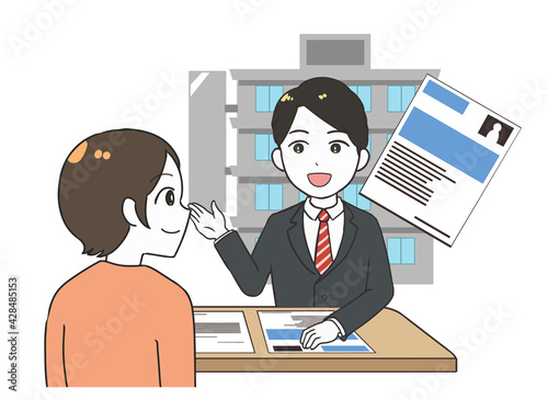 仕事探しをする女性　受付の男性
