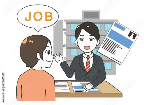 仕事探しをする女性　受付の男性　文字付き