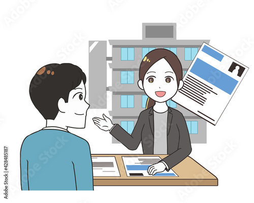 仕事探しをする男性　受付の女性