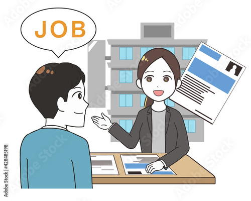 仕事探しをする男性　受付の女性　文字付き