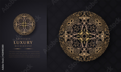 luxury ornamental mandala design background in gold color, arabesque pattern arabic islamic east style for Wedding card, book cover, greeting card, invitation and background many