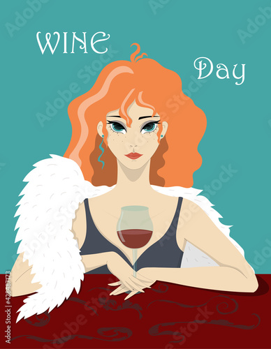 Beautiful red-haired woman sitting in a bar with red wine. Wine Day