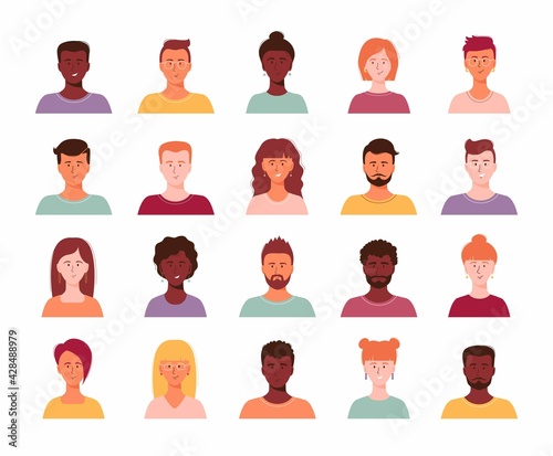 Set of different person portrait of big diverse business team vector flat illustration. Collection of people avatars isolated. Bundle of joyful smiling colleagues. Man and woman faces at round frame