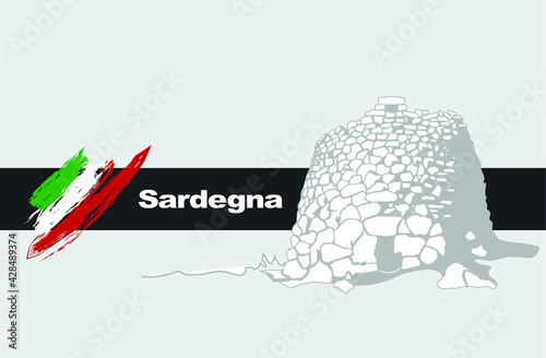 Nuraghe illustration, sardina, Sardegna, concept, illustration of a Sardinia landmark, stylised, Italy, Italian flag, composition, cover image, background, editable, 