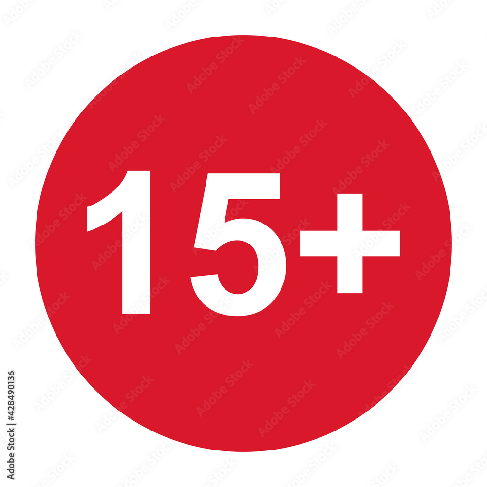 15+ restriction flat sign isolated in red circle. Age limit symbol. No under fifteen years warning illustration 15+ restriction flat sign isolated in red circle. Age limit symbol. No under fifteen years warning illustration