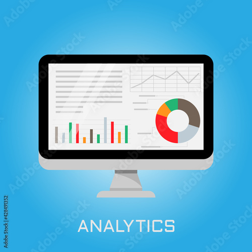 Analytics laptop with business graph data, analysis trends, financial strategy, statistics, and infographic chart icons. Vector illustration.