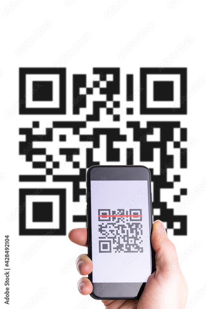 Qr code technology. Hand holding mobile smartphone screen for payment, online pay, scan barcode with qr code scanner on digital phone. Hands using mobile phone application to scan code. Stock-foto