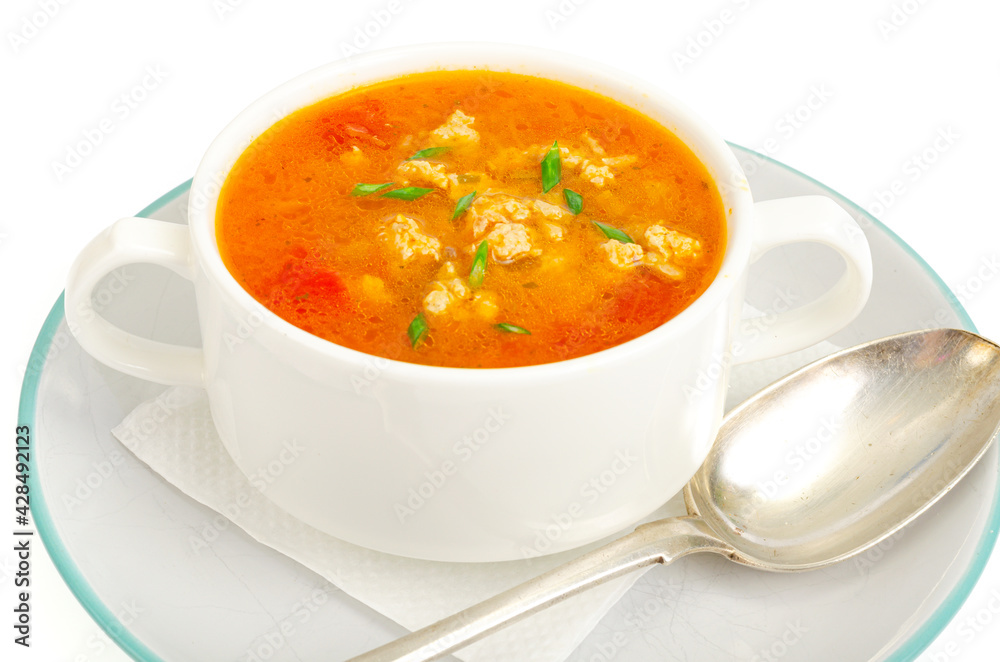 Thick homemade vegetable soup with rice, pumpkin and tomatoes Thick homemade vegetable soup with rice, pumpkin and tomatoes