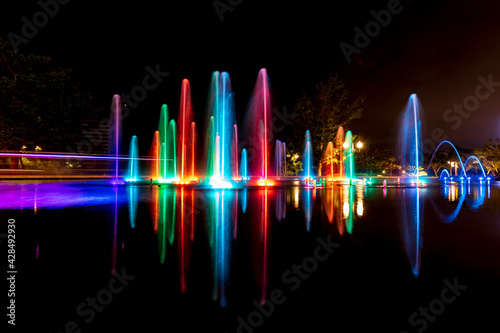 Long exposure of a colourful fountain at a mall in Merida, Mexico