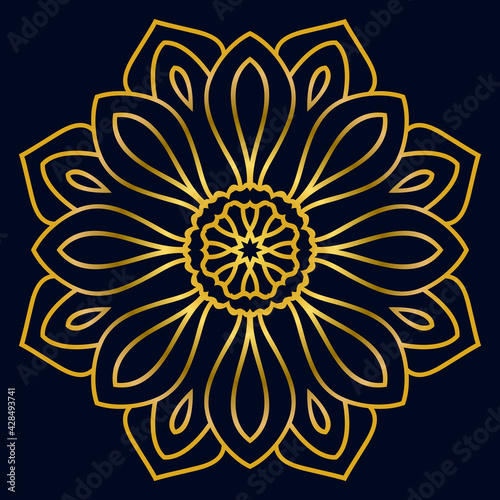 Cute gold Mandala. Ornamental round doodle flower isolated on dark background. Geometric decorative ornament in ethnic oriental style.
