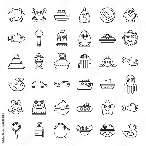 Modern bath toys icons set, outline style