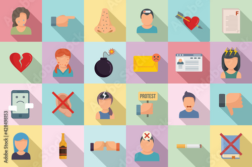 Teen problems icons set, flat style