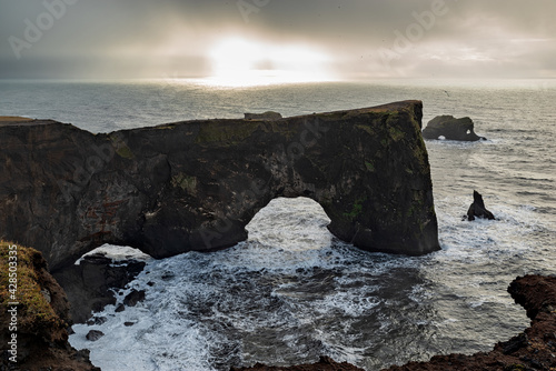 Natural arch of Dyrholaey Peninsula in South Iceland in a cloudy day
