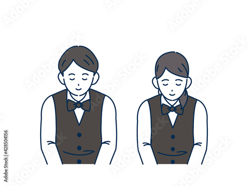 お辞儀をする店員　スタッフ　男女　いらっしゃいませ　頭を下げる　挨拶　感謝　イラスト素材