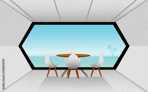 wood table and chairs in cafe and restaurant on the beach