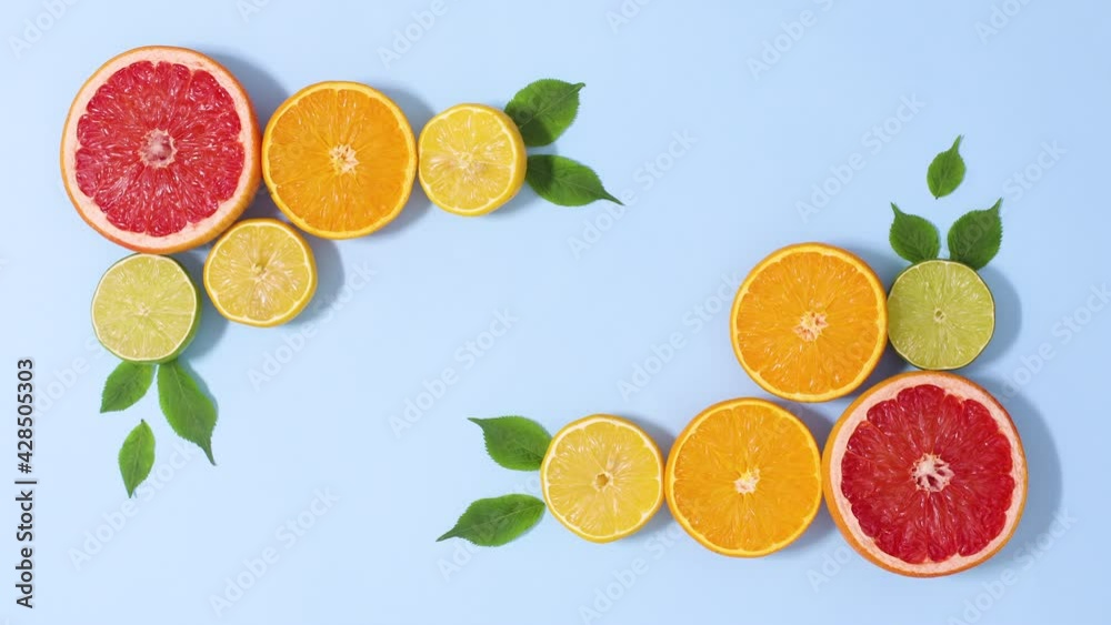 Summer citrus fruits make creative frame with green leaves on bright blue background. Stop motion flat lay