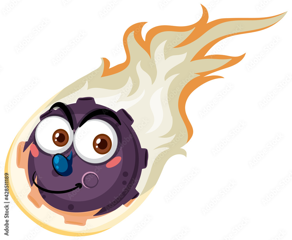 Flame meteor cartoon character with happy face expression on white background
