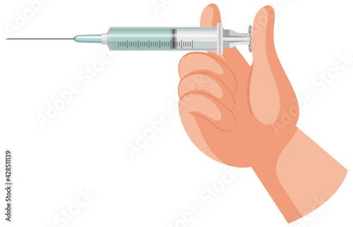 Hands holding vaccine syringe on white background