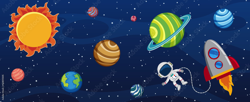 Many planets in the galaxy with an astronaut and a rocket ship Many planets in the galaxy with an astronaut and a rocket ship