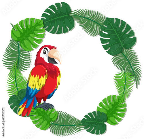 Round green leaves banner template with a parrot bird