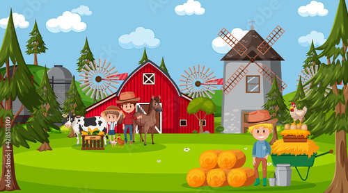 Farm scene with many kids and farm animals