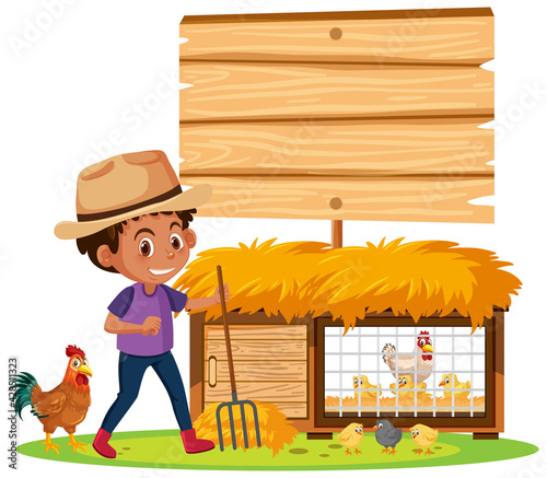 Empty banner with a boy and animal farm on white background