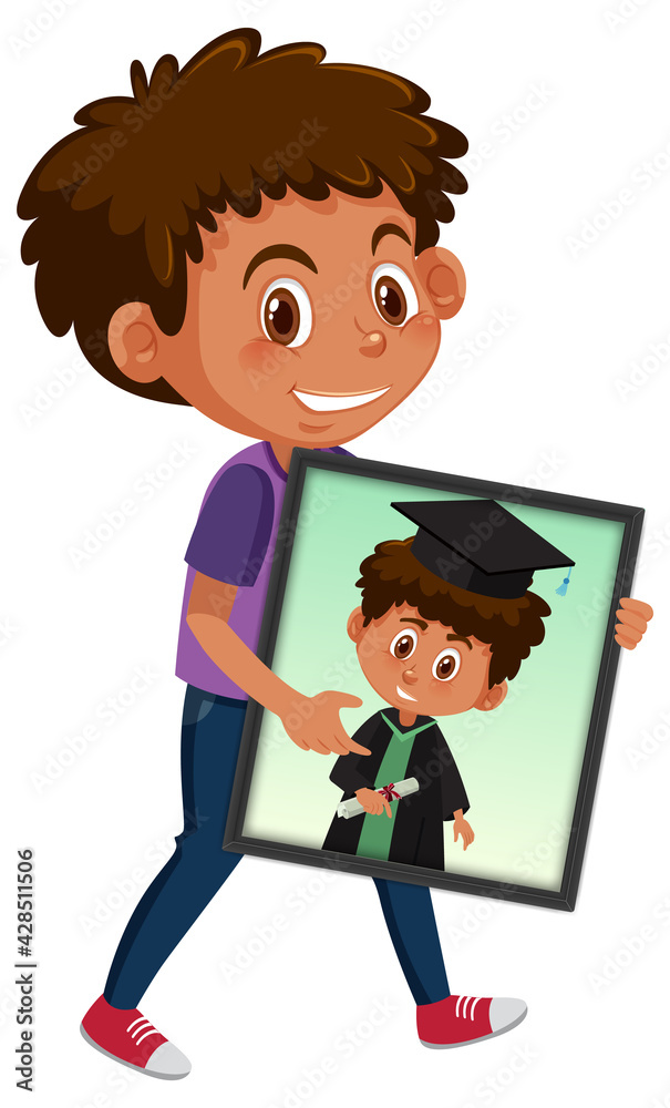 Cartoon character of a boy holding his graduation portrait photo Cartoon character of a boy holding his graduation portrait photo