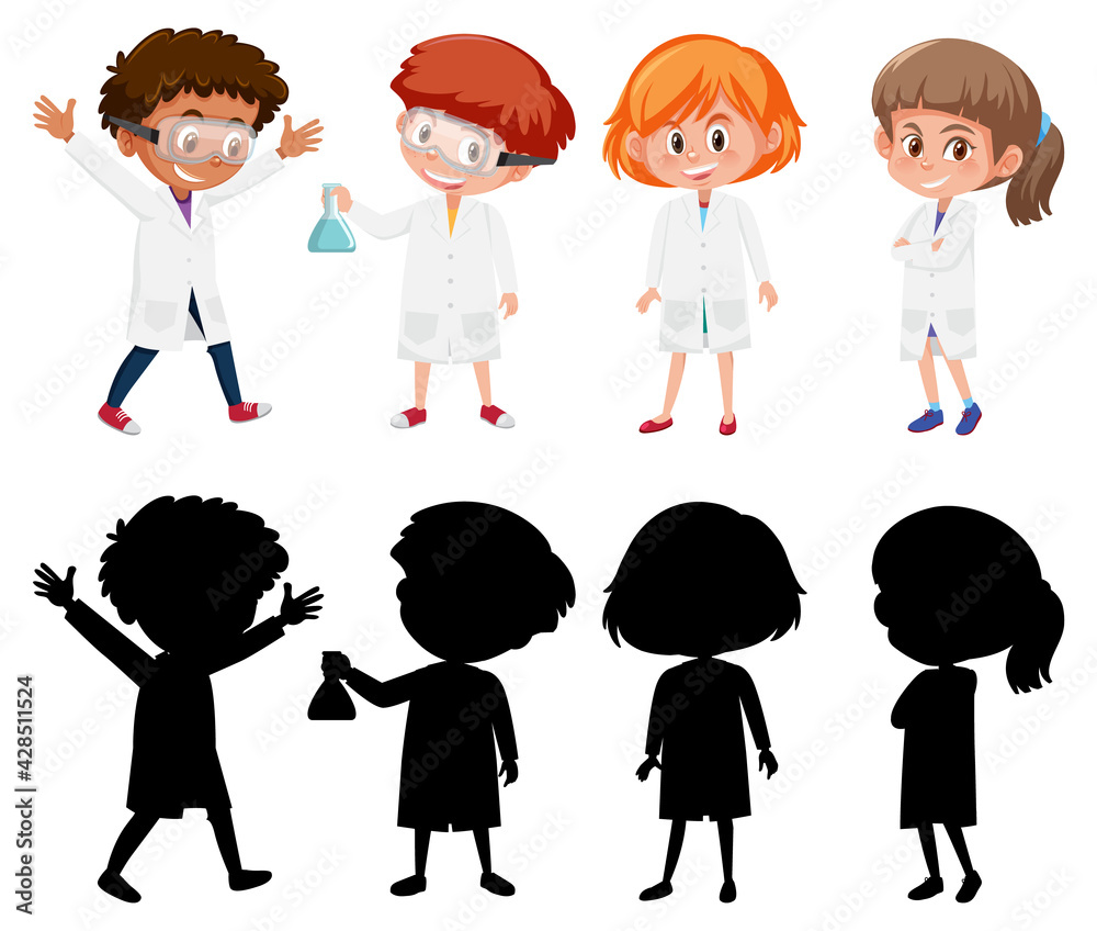 Set of different kids wearing white laboratory gown Set of different kids wearing white laboratory gown