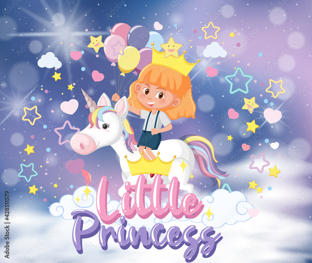 Little girl riding pegasus with little princess font in the pastel sky Little girl riding pegasus with little princess font in the pastel sky