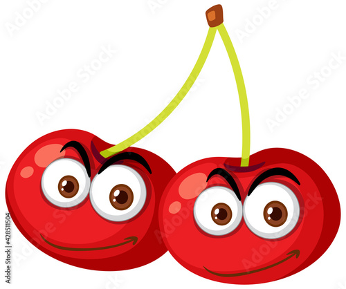 Cherry cartoon character with happy face expression on white background