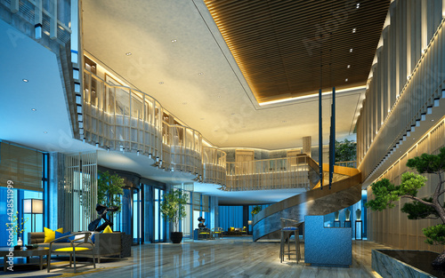 3d render of luxury hotel reception lobby entrance hall