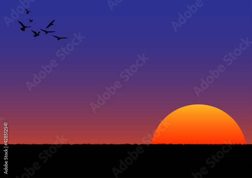 graphics image sunset or sunrise with orange and blue of sky with grass on ground vector illustration