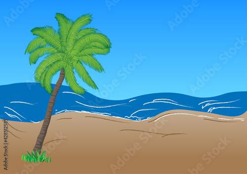 Fototapeta Naklejka Na Ścianę i Meble -  sea and wave sand with coconut trees vector illustration copy space