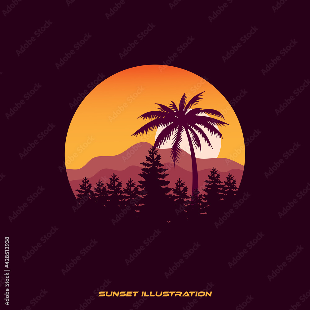 Mountain and trees landscape illustration logo design template