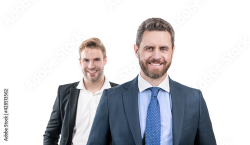 smiling boss and employee in formal suit isolated on white, business