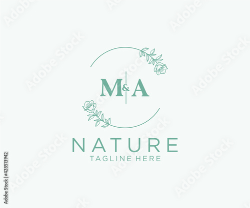 initial MA letters Botanical feminine logo template floral, editable premade monoline logo suitable, Luxury feminine wedding branding, corporate.